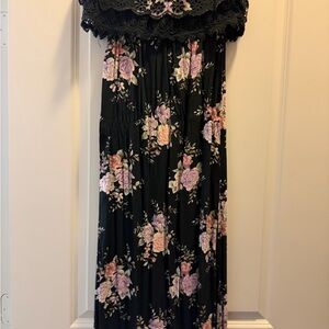 Black Floral Maxi Skirt with Lace Waistband